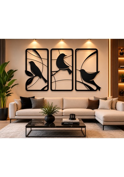 3 Parça Kuş Figürlü Modern Duvar Dekoru Siyah Mdf 26,4x48.1 6mm 26.4x48.1