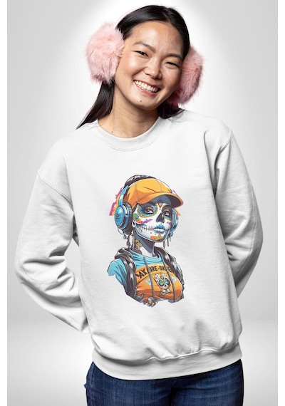 Robot Kız Müzik Kulaklık Şapka Unisex Beyaz Baskılı Sweatshirt Beyaz