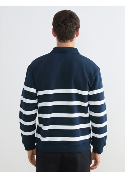 Lcw Vision Lacivert Polo Yaka Çizgili Erkek Kalın Sweatshirt