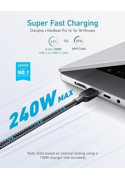240 W Usb-c - Usb-c Kablosu, 90 Cm Çift Örgülü Naylon Tip-c Şarj Kablosu, Siyah - A81c5