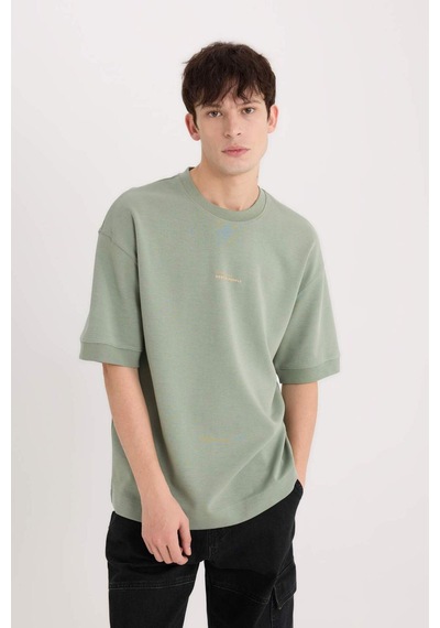 DeFacto Loose Fit Bisiklet Yaka Baskılı Ağır Kumaş Tişört D8462AX25SPGN1107