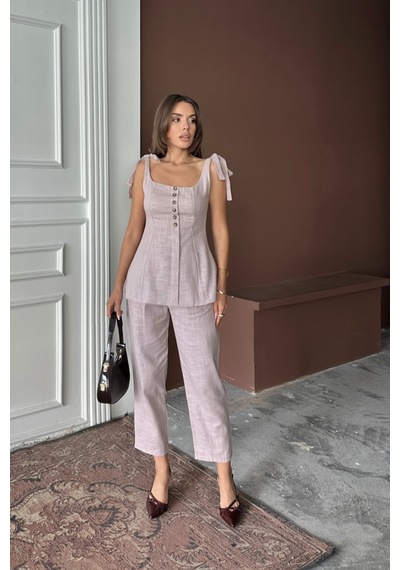 Moderie Butik Şantuk Keten Yelek Görünümlüaskılı Bluz - Pantolon Tk - Lila Lila
