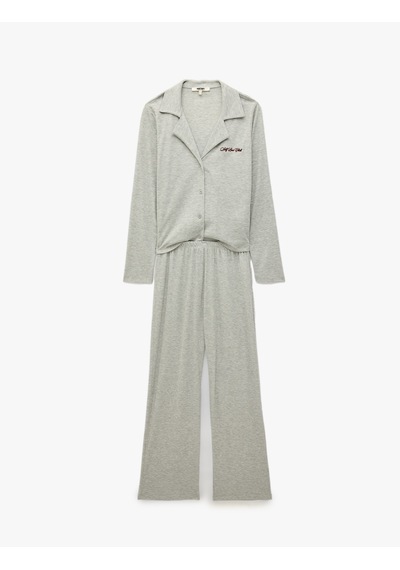 Koton Rahat Kalıp Uzun Kollu Düğmeli Gömlek Yaka Kaşkorse Pijama Takımı Gri Melanj 7wlk40203mk