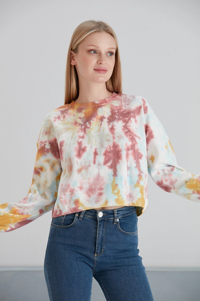 Mamayaga Kadın Batik Desen Crop Boy Sarı Pembe Bej Triko Kazak Pembe