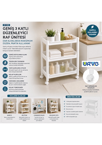 Rafty Geniş 3 Katlı Tekerlekli Sepet Organizer Düzenleyici Raf Ünitesi 352x220x480mm 5250 Diğer