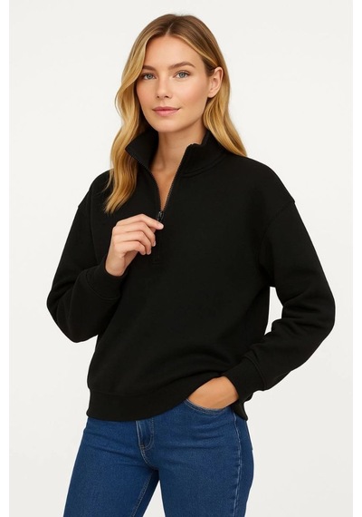 Mbb E-ticaret Kadın 3 İplik Pamuklu Dık Yaka Yarım Fermuarlı Sweatshirt - Siyah