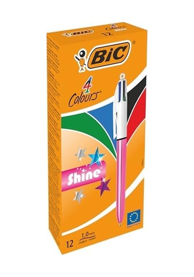 4 Colours Shine Pembe Gövde Tükenmez Kalem 12&apos Li Kutu, 4 Renk Mavi, Siyah,yeşil Ve Kırmızı , 1.0 Mm. Uç -