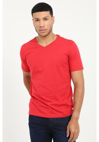 Dufy Erkek Slim Fit V Yaka Kırmızı T-shirt-19167 Kirmizi