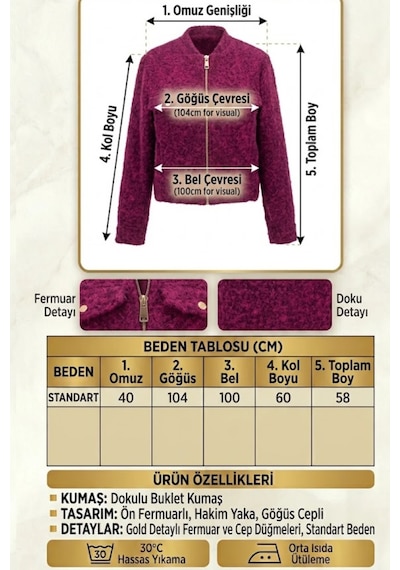 CEMO Fermuarlı Dokulu Kısa Ceket Bordo