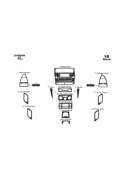Citroen C4 Torpido Kaplama 2004-2010 18 Parça Karbon