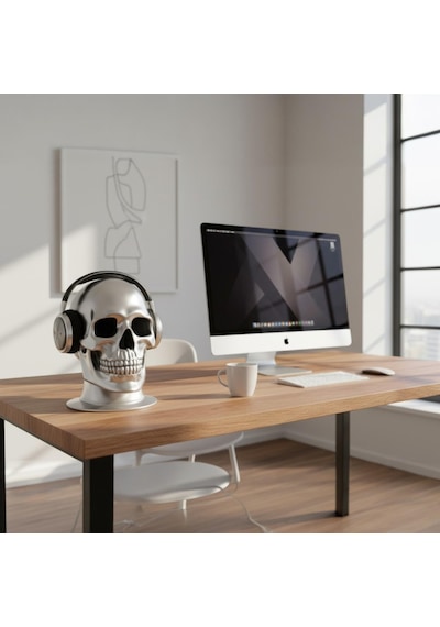 Happy3dworld Kafatası Kulaklık Standı, 3d Baskı Krom Gotik Gaming Aksesuarı