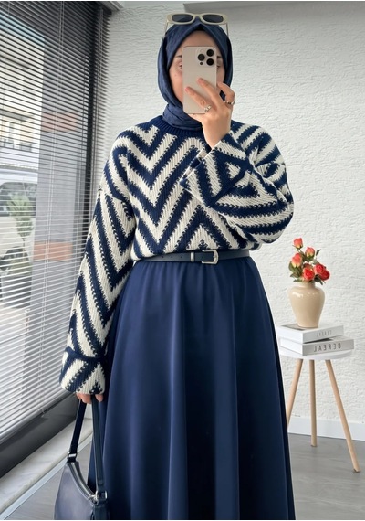 Trend Paris Retro Zigzag Desenli Oversize Örgü Triko Kazak Lacivert Standart