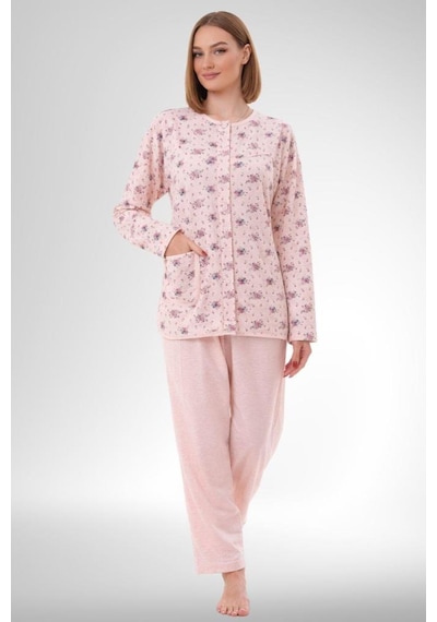 Mecit Pijama Mecit 6315 Pudra Kadın Boydan Düğmeli Büyük Beden Pijama Takımı Pudra