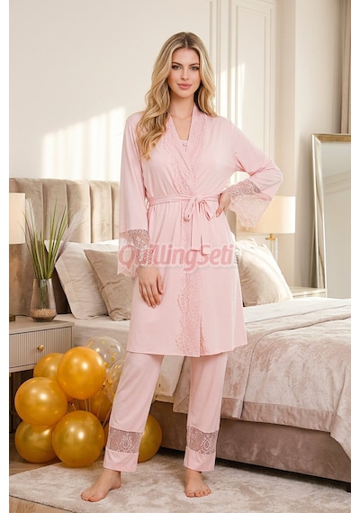 Lady Pembe Renkli, Derin Patlı, Dantel Detaylı 33002 Sabahlıklı 3lü Lohusa Hamile Pijama Takımı Açık Pembe