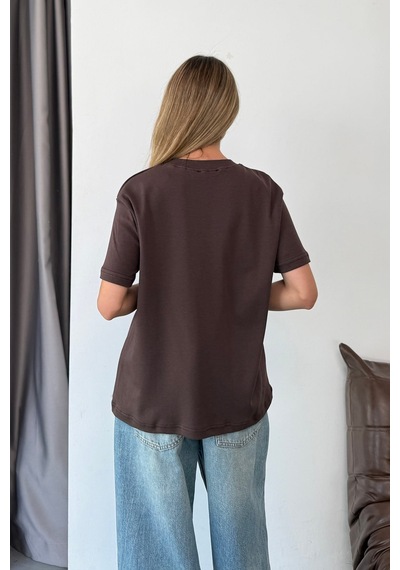 Kadın Bisiklet Yaka Basic T-shirt Kahverengi - 26y 26118