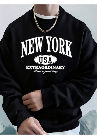 Startmore Startmorenew York Abd Baskılı Erkek Tişörtü Kış Büyük Boy Kapüşonlular Hip Hop Bisiklet Yaka Polar Sıc Siyah