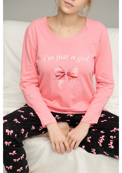 Siyah İnci Pamuklu Bisiklet Yaka Örme Pijama Takım25241132 Somon