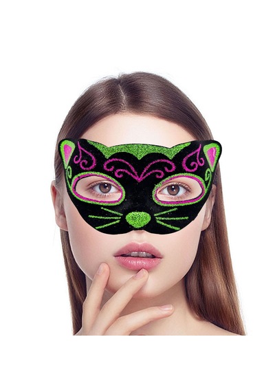 Siyah Kadife Kaplama Üzeri Pembe Yeşil Sim İşlemeli Kedi Maskesi 20x13 Cm 2 "