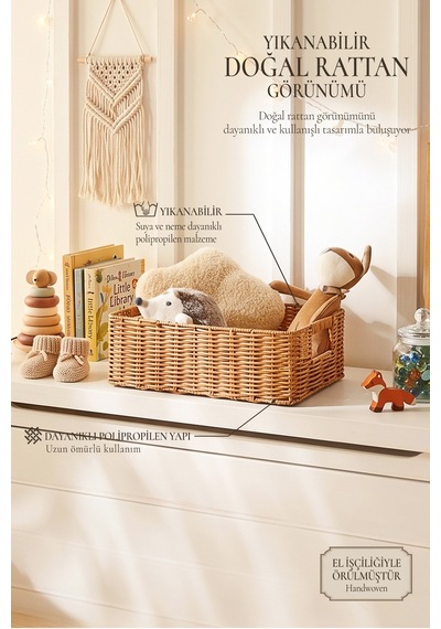 Ocean Home Textile Çocuk Odası Yıkanabilir Bej Pp Rattan Sepet 36 X 26 X 12 Cm
