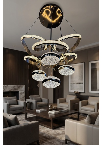 Kral Tacı Simli 4 Top Modern Sarkıt Salon - Oturma Odası Led Aviz Çok Renkli