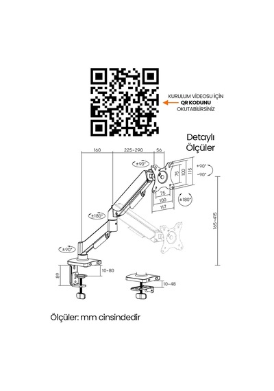 Tek Kollu Monitör Kolu Vesa Uyumlu Hareket Ayarlanabilir Monitör Standı 17-32" 9kg Kapasite Beyaz