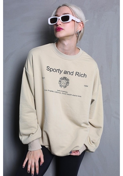 Bej Bisiklet Yaka Baskılı Oversize Kadın Sweatshirt Mg1577