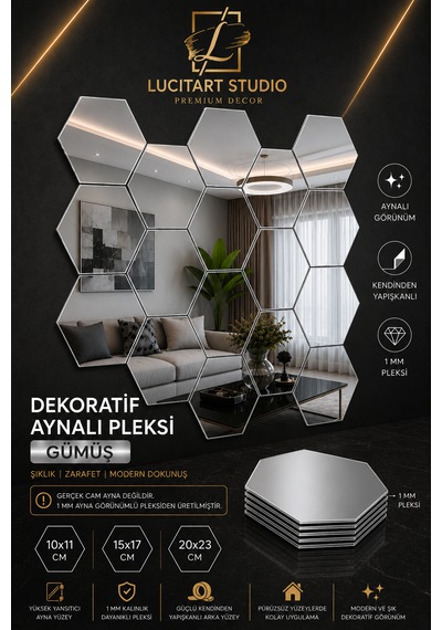 Lucitart 10 Adet Aynalı Pleksi Gümüş Petek Duvar Dekoru Kendinden Yapışkanlı Dekoratif Altıgen Ayna 10x11 - 15x17 - 20x23 Cm