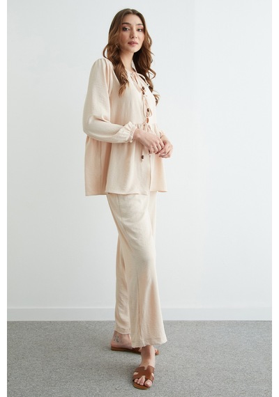 Fullamoda Fullamodest Önü Bağlamalı Ayrobin Kimono 2 Li Takım Bej