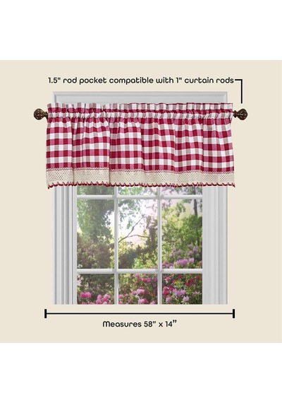 Lexroo Home Furnishings Valance Buffalo Check Window Curtain, 58" X 14", Burgundy & Fildişi Çok Renkli
