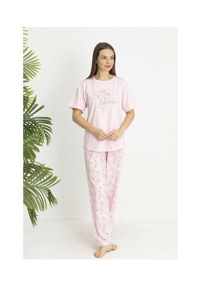 Estiva Kadın Flora Alt Desenli Pembe Penye Lycra Kısa Kollu Pijama Takımı Çok renkli