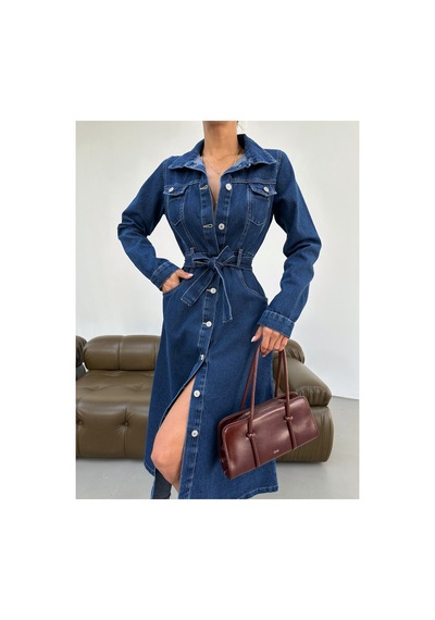 Kene Jeans Kadın Uzun Kol Düğmeli Kot Elbise Lacivert