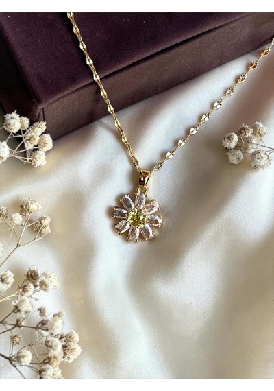 Zirkon Ve Peridot Taşlı Papatya Figürlü İtalyan Aynalı Zincirli Altın Kaplama Kolye Beyaz
