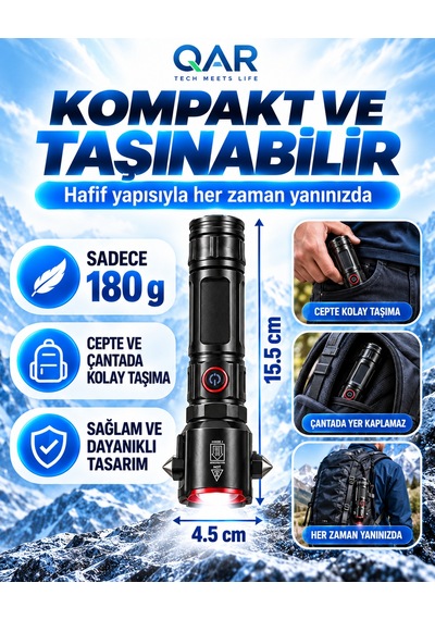 Şarjlı Metal El Feneri Zoomlu Çakar Modlu 26650 Li-ion Bataryalı Kamp Ve Outdoor Feneri Siyah
