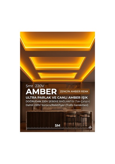 2 Metre Amber 220v Neon Led Şerit - Tak Çalıştır Set - Fişli Esnek Şerit Led,kerhribar ,turuncu Led,mutfak,tezgah Ledi