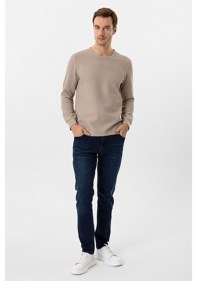 Süvari Bej Slim Fit Armürlü Bisiklet Yaka Triko Kazak Bej