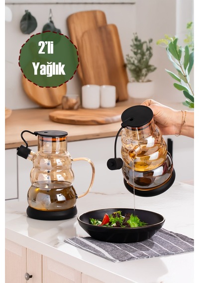 Porsima 3617- 1 Kapaklı Borosilikat Cam 2li Yağlık Sirkelik Seti Yağdanlık Takımı 1000ml Siyah Siyah