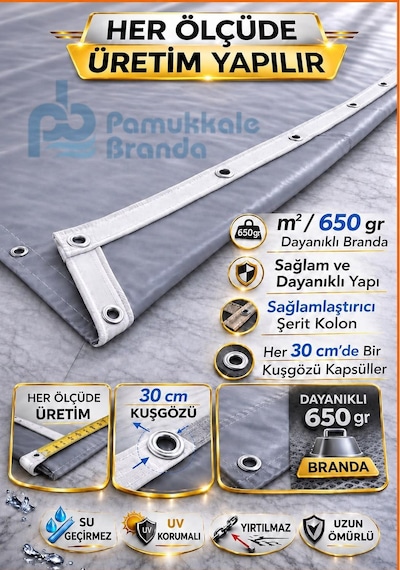 650 Gr Pvc Balkon Brandası Su Geçirmez Ölçülü Ebatlı Kuşgözlü Kolon Takviyeli Branda Mavi