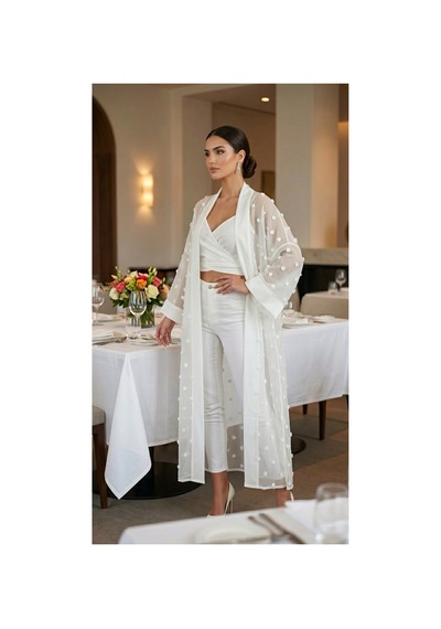 Lila Mare İpek Keten Kimono Abaya Beyaz Beyaz