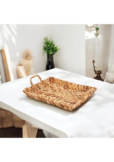 El Yapımı Su Sümbülü Hasır Kulplu Dekoratif Tepsi Küçük Boy 29cm 23cm 4cm 15cm
