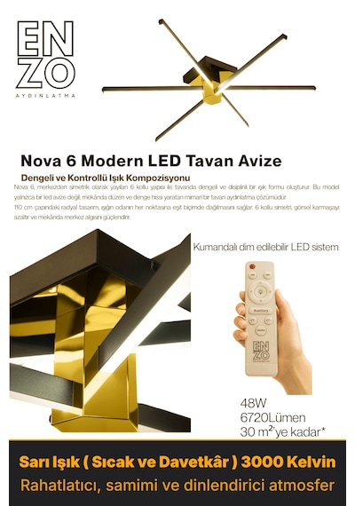 Nova 6 Gold Led Tavan Avize Kumandalı Dim Edilebilir Aşağı Işık Sarı Işık