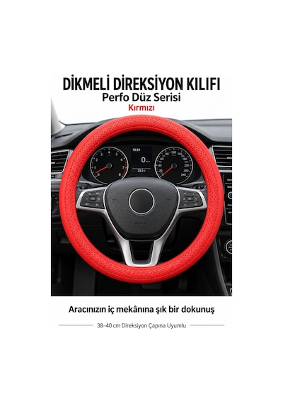 Trobus Hyundai İ10 2020-2025 Uyumlu Dikmeli Direksiyon Kılıfı Perfo Düz Delikli Deri Kırmızı