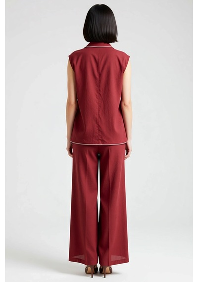 Benerly Kadın Büyük Beden Kolsuz Kruvaze Yaka Oversize Bluz Pantolon Takı Bordo