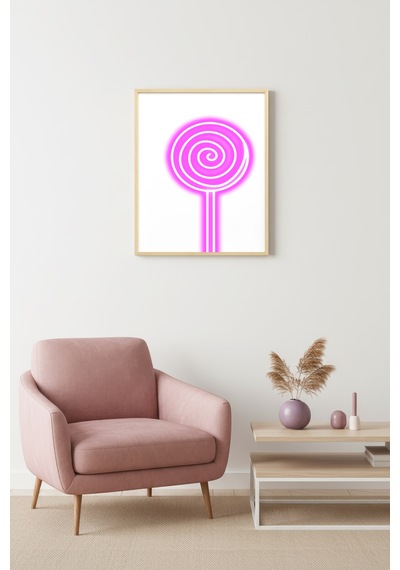 Doğal Ahşap Çerçeveli Retro Pop Art Tablo - Pembe Lollipop Desenli Huhu2791