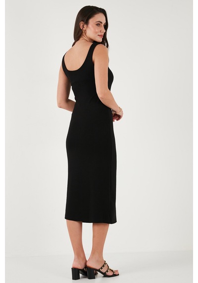Lela Slim Fit Kalın Askılı Midi Bayan Elbise 5866154 Siyah