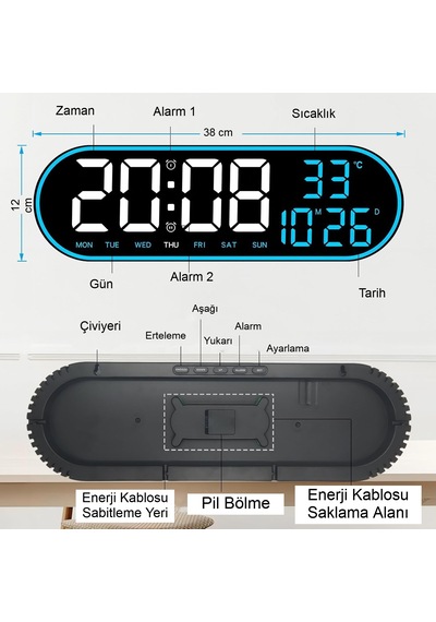Usb İle Çalışan Led Duvar Saati Büyük Ekran, Geri Sayım, Alarm, Kumandalı, Sıcaklık,tarih Gösterimi Siyah