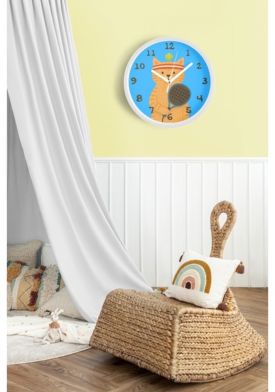Tenisçi Kedi Çocuk Odası Duvar Saati - 25cm - Önü Camlı Beyaz Kasa - Sessiz Mekanizma-jh1025 Beyaz