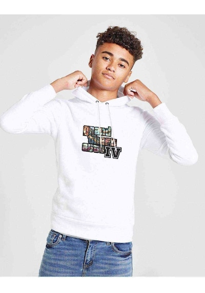 Tshirthane Gta V Yazı Ve Logo Baskılı Unisex Çocuk Kapüşonlu Beyaz Sweatshi Beyaz