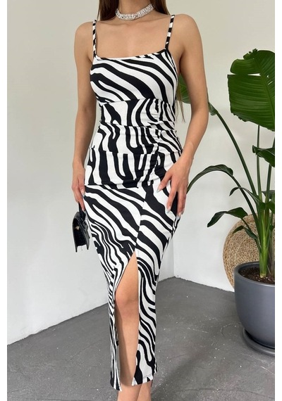 Candybia Zebra Desenli Askılı Derin Yırtmaçlı Bürümcük Yazlık Elbise Zebra Zebra