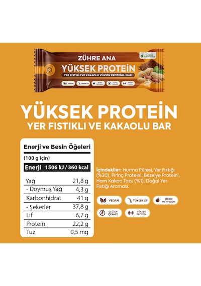 Yer Fıstıklı Ve Kakaolu Yüksek Proteinli Bar, Şeker İlavesiz 40 Gr X 12 Adet