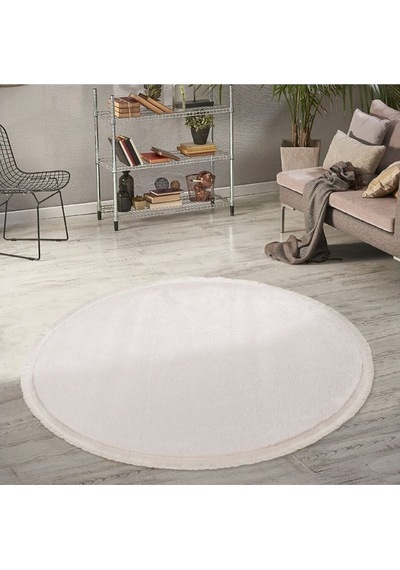 Vl Comfort Düz Saçaklı Peluş Halı Ekru Ekru Daire Düz Saçak